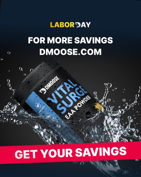 A seasonal promotion creative for EAA powder featuring high-impact water splash photography and a clear call to action for Labor Day savings.